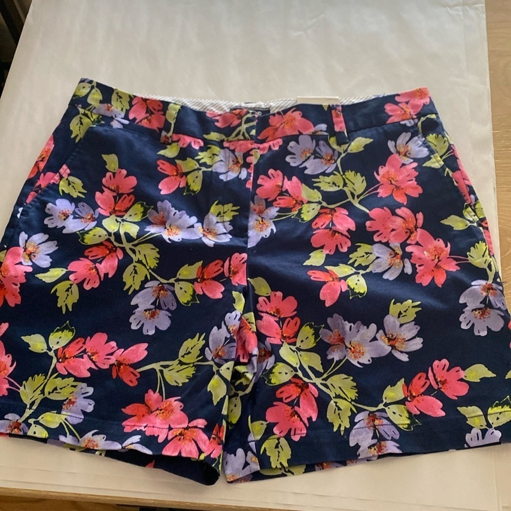 Lands' End Navy Floral Cotton Shorts with Pink and Lavender Blossoms